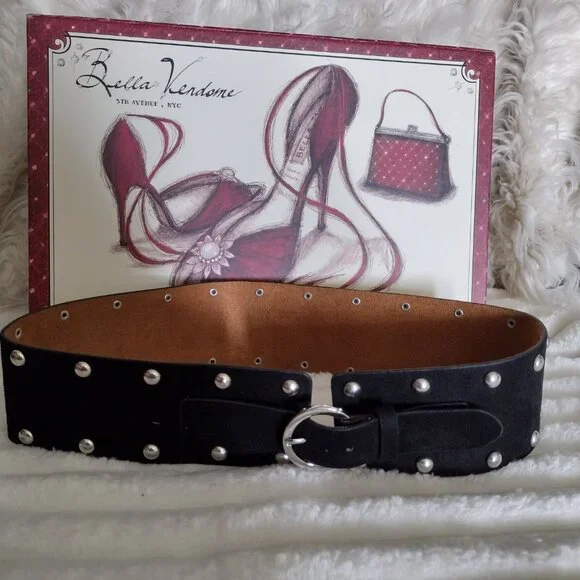 Black Studded Suede-Look Belt Silver Studs Round Buckle Statement Fashion Belt - Picture 4 of 8